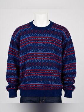 Jantzen Sweater Mens Large Blue Red Fair Isle Knit Crewneck Pullover USA Vintage